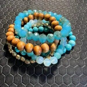 Beaded Bracelets Aqua and Brown Glass and Wooden Beads